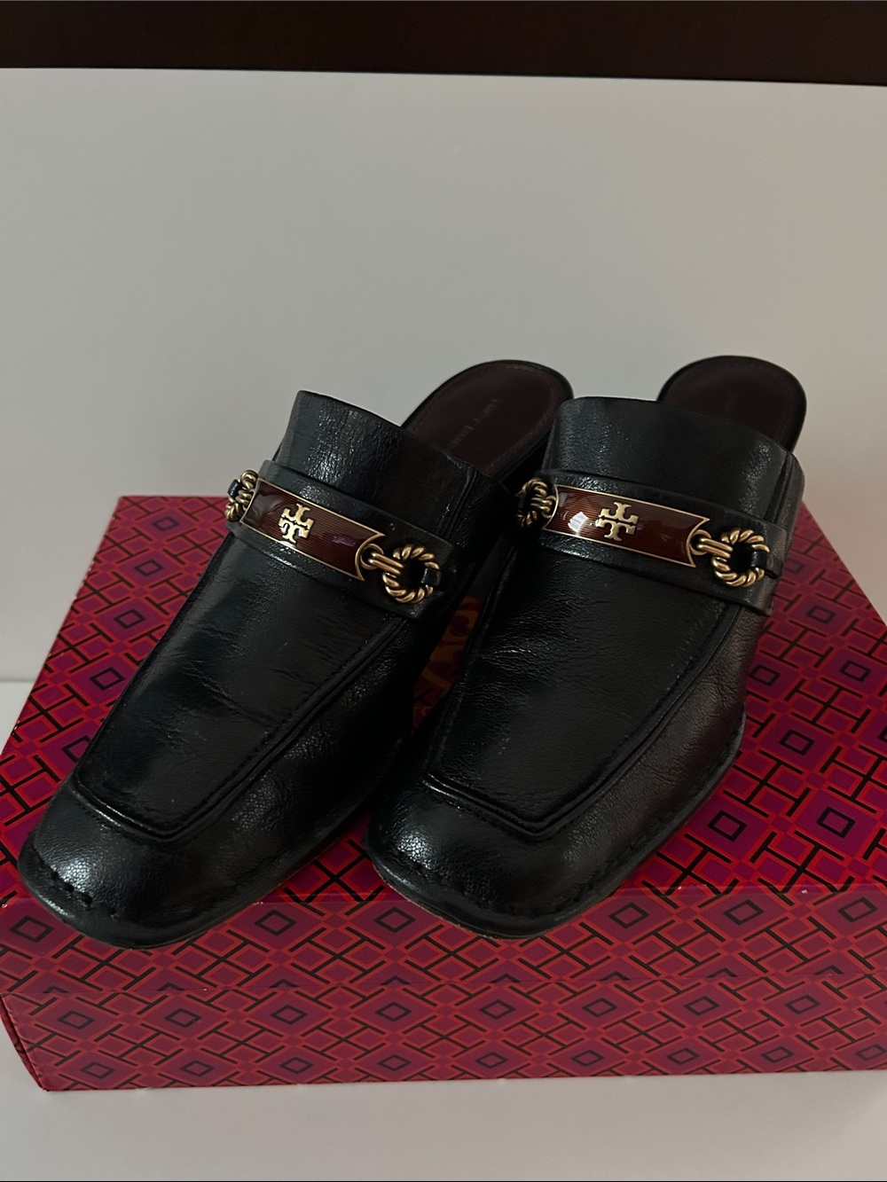 Tory Burch Black Leather Block Heel Mules with Gold Logo Trim